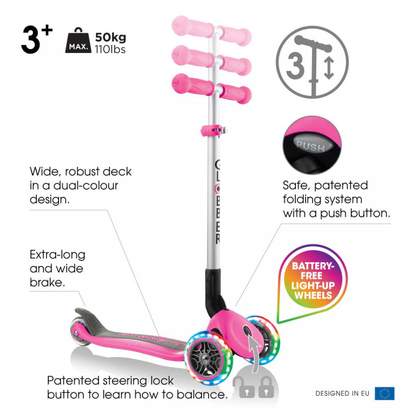 Patinete Scooter Globber Primo Foldable Lights Rosa 